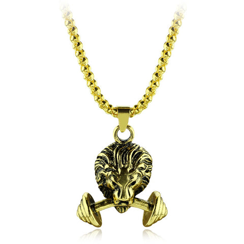 feimeng jewelry Steampunk 3D Lion Dumbbell Necklace Gym Fitness Sporty Barbell Pendant Necklace For Men Fashion Accessories
