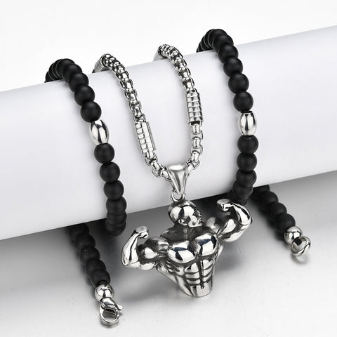 Muscle Men Sport Gym Fitness Bodybuilding Pendant Necklaces Black Stone Strand Beads Necklaces